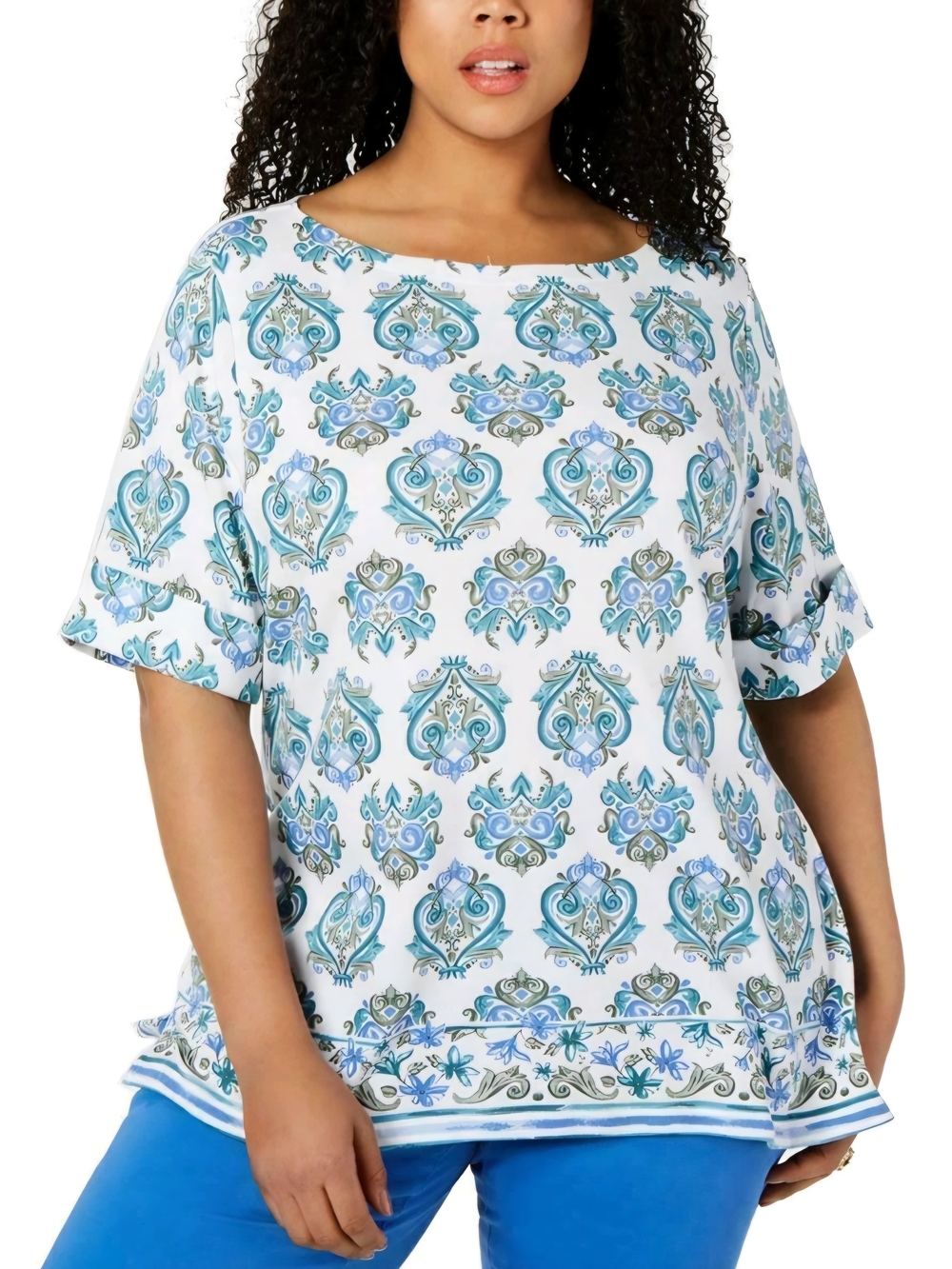 Karen Scott White Floral Medallion Short-Sleeve Top